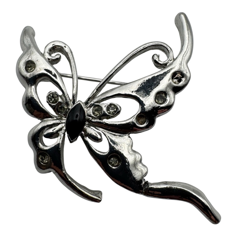 Silver-Tone Butterfly Brooch‎ with Clear Rhinestones – 1.5”